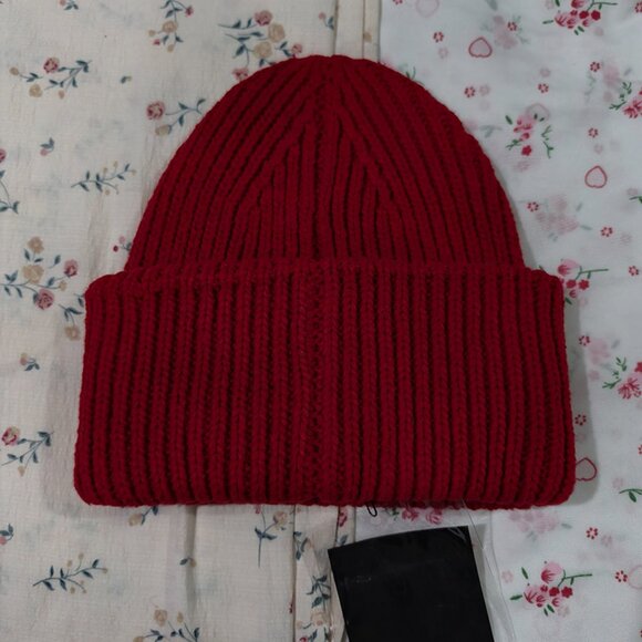Acne Studios Red Smiley Face Square Logo Knit Hat main image 4